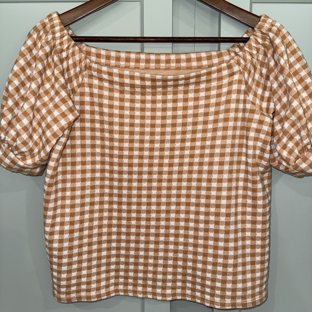 LOFT Gingham Off Shoulder Knit Sz‎ S Brown White Square Neck Short Puff Sleeve